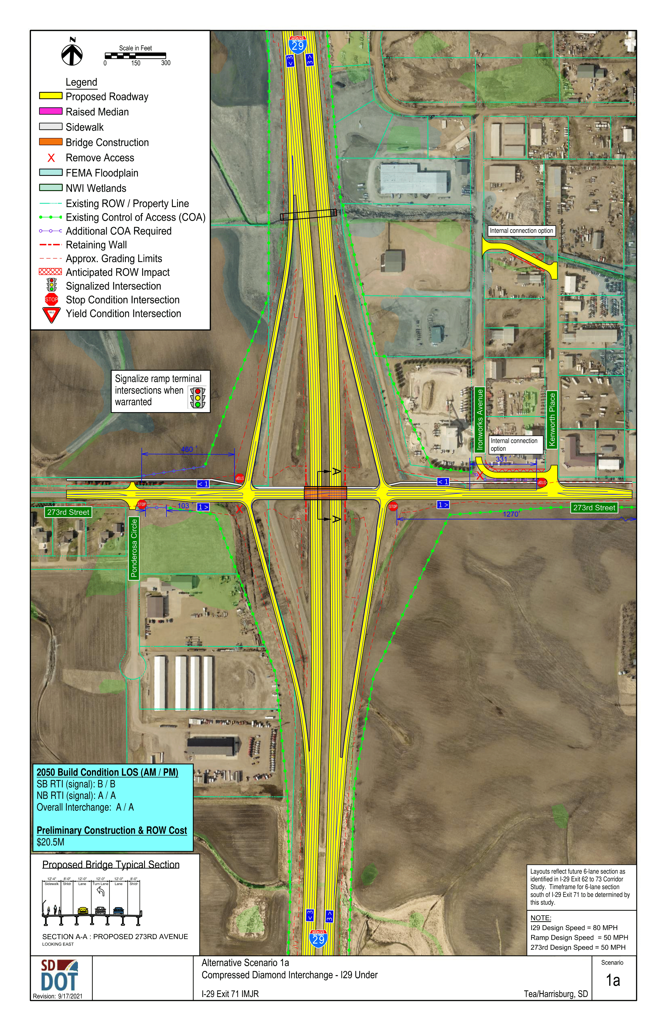 This image shows the conceptual layout of a Compressed Diamond Interchange, and what the road under it would look like. Details on the diagram include proposed roadway, raised median, sidewalk, bridge construction, access control, FEMA floodplain, NWI wetlands, existing Right of Ways and property lines, existing control of access points, additional control of access points needed, retaining walls, grading limits, anticipated right of way impacts, signalized intersections, stop condition intersections and yield condition intersections. 